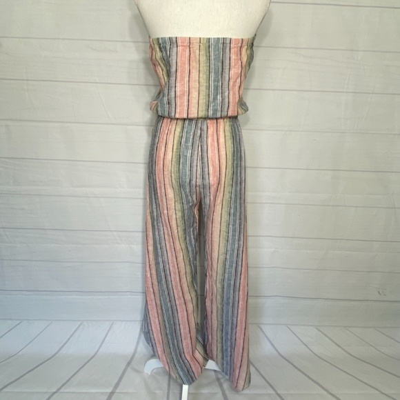 DREW Striped Tulip Leg Strapless Jumpsuit Linen Blend Pastel Rainbow Size Small - Picture 3 of 10